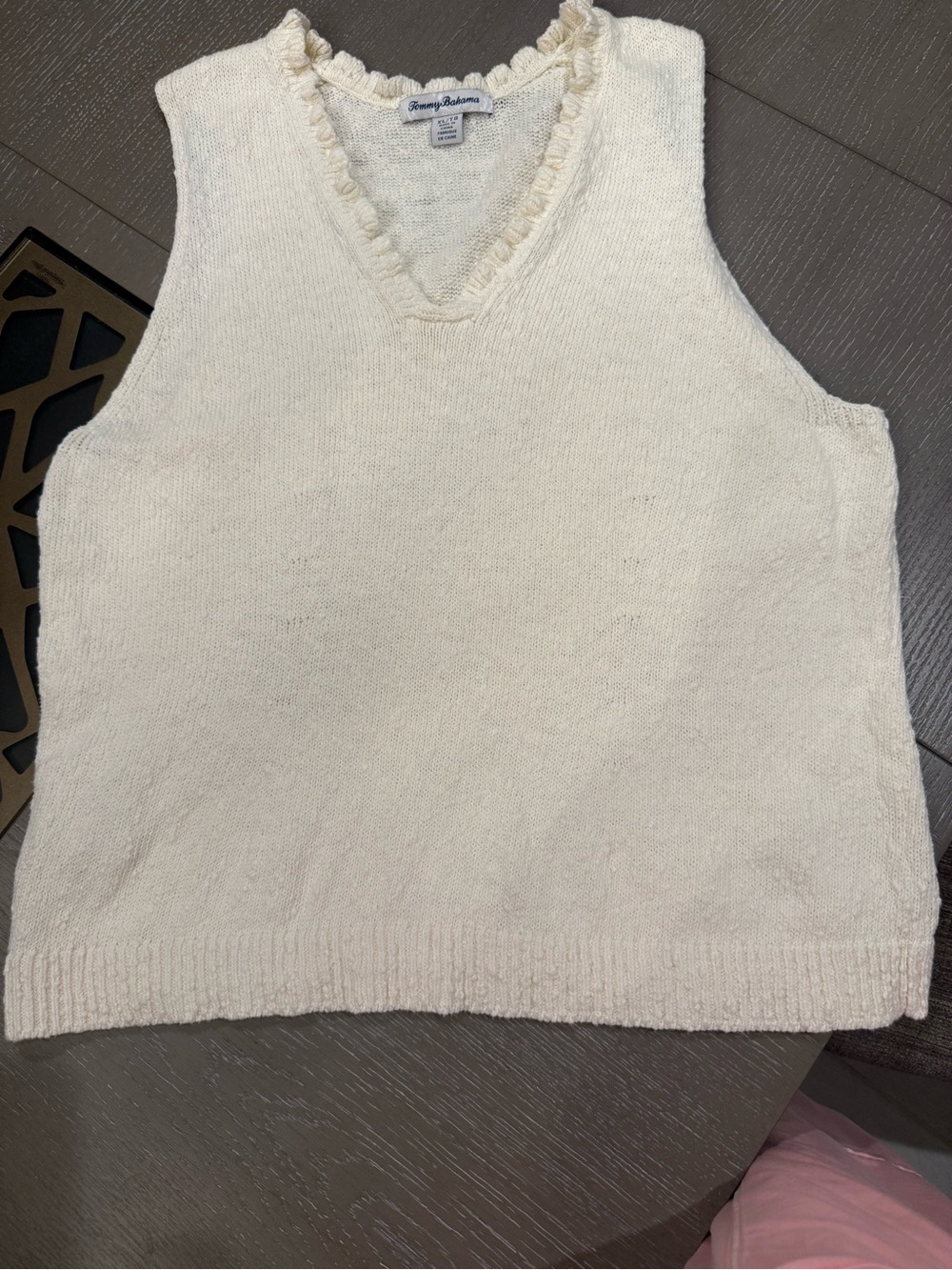 Tommy Bahama Cream Ruffle-Trim V-Neck Sweater - Picture 3 of 4